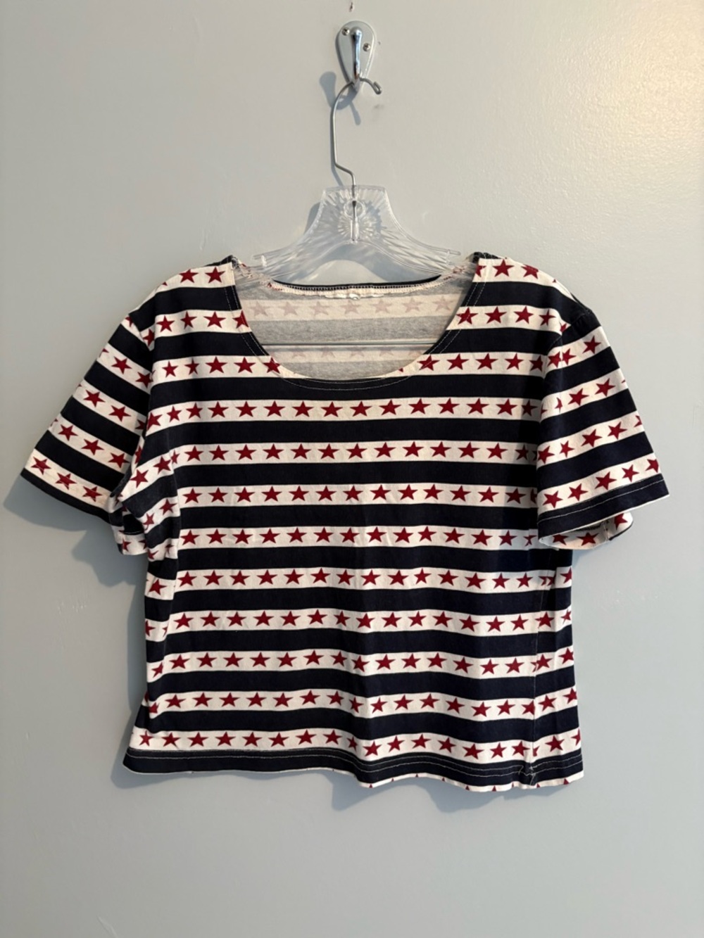 Vintage Americana Women’s Medium Cropped Short Sleeve Tee Striped Star Navy Red - Picture 2 of 15